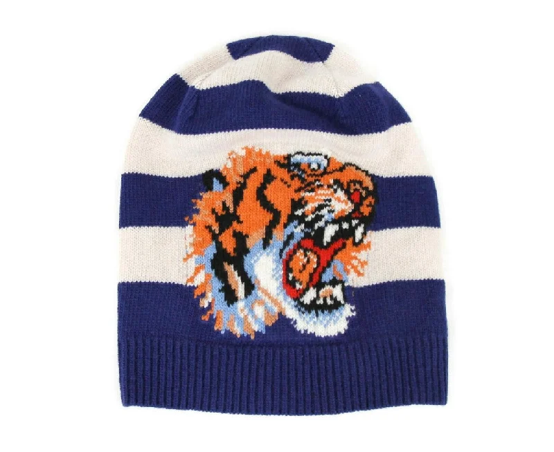 Gucci Men's  Striped Wool Knit Beanie Hat With Tiger Head M / 58