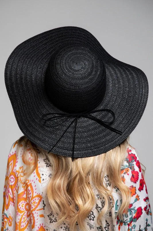 Black Wide Brim Sun Beach Vacation Woven Floppy Hat Women's Casual