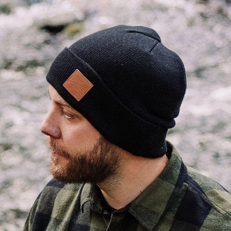 Leather Patch Cuffed Beanie - Black