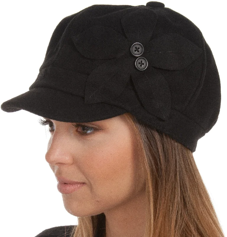 Sakkas Sasha Wool Newsboy Cabbie Hat with Button Flower