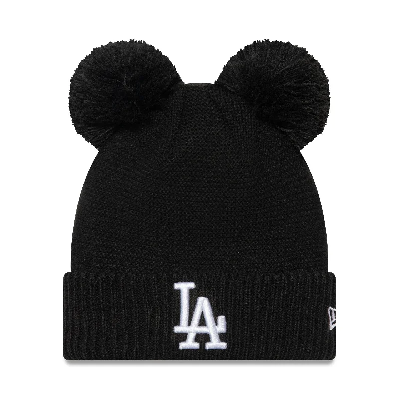 LA Dodgers Womens Black Double Bobble Knit Beanie Hat