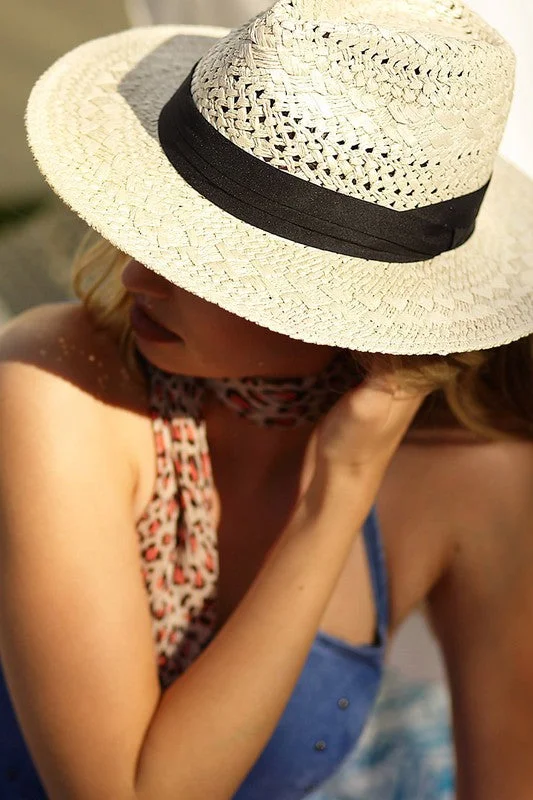 Natural Black Tucked Ribbon Woven Spring Summer Fedora Womens Hat