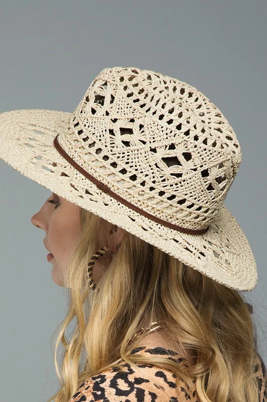 Natural Bohemian Handwoven Open Weave Faux Leather Banded Panama Summer Hat