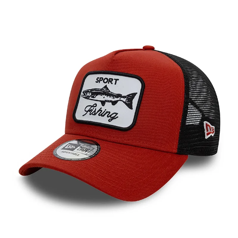 New Era Fishing Patch Trucker Red 9FORTY A-Frame Trucker Adjustable Cap