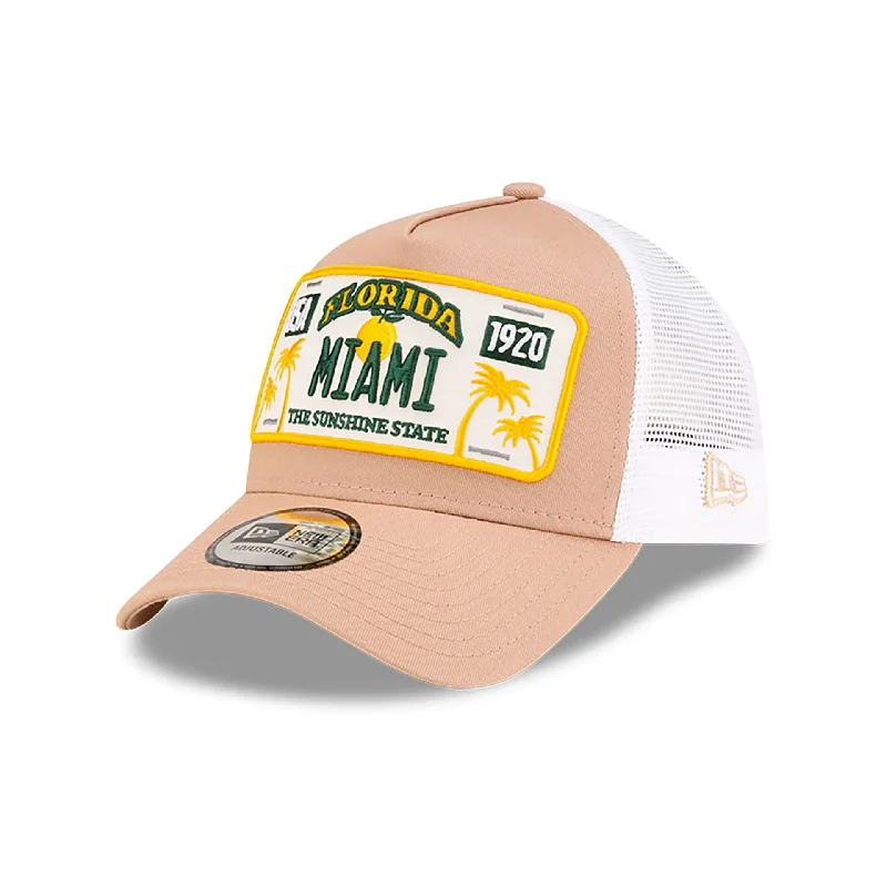 New Era Miami License Plate Beige 9FORTY A-Frame Trucker Adjustable Cap